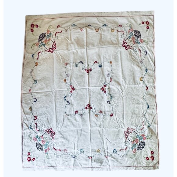 Vintage Hand-Embroidered Floral Tablecloth 50" X 45" Rectangular Cotton Linen Bl - Picture 2 of 11